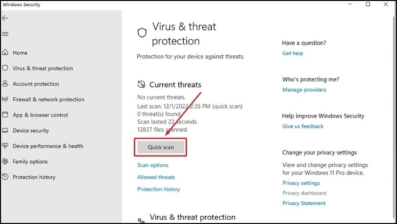 Chọn Quick scan để khởi chạy c&ocirc;ng cụ bảo mật Windows 11