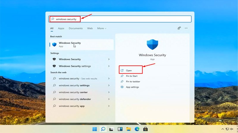 Nhập Windows Security tr&ecirc;n b&agrave;n ph&iacute;m v&agrave; nhấn Enter hoặc click chuột chọn Open 