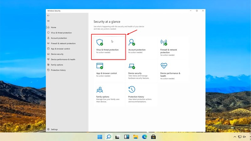 Nhấp v&agrave;o t&ugrave;y chọn Virus and threat protection trong Windows Security 