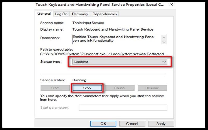 Click chọn Disable > Chọn Stop > OK.