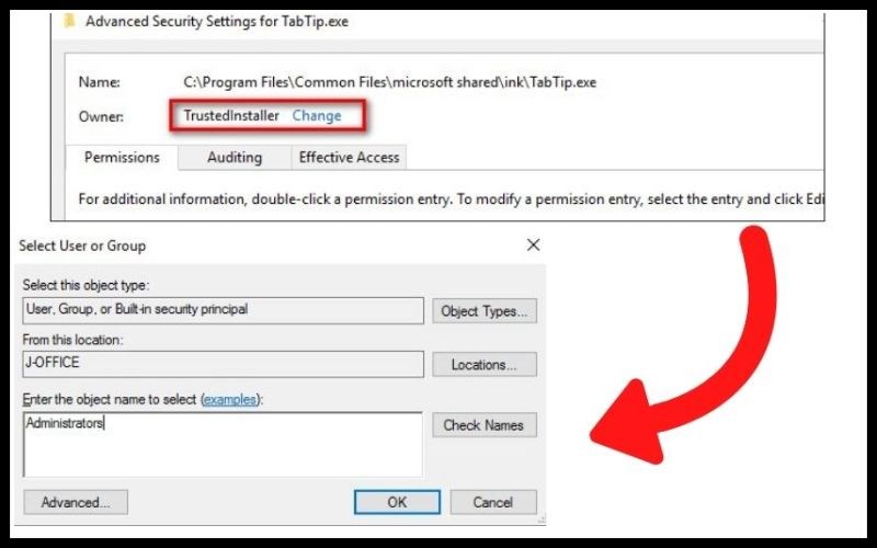 Click chọn Change > G&otilde; t&ecirc;n của Administrator > Nhấn OK