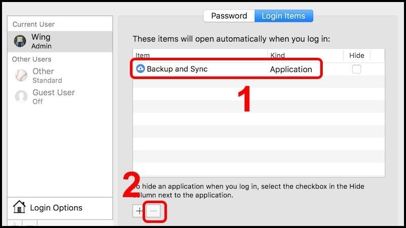 Nhấp vào tab Login Items, nhấn (-) để tắt, (+) để thêm