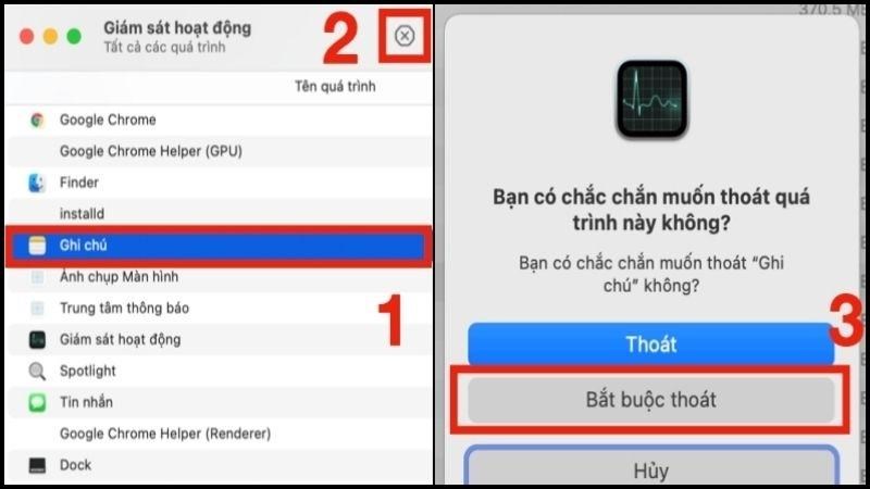 Chọn dấu X ở góc trên bên phải, chọn Force Quit