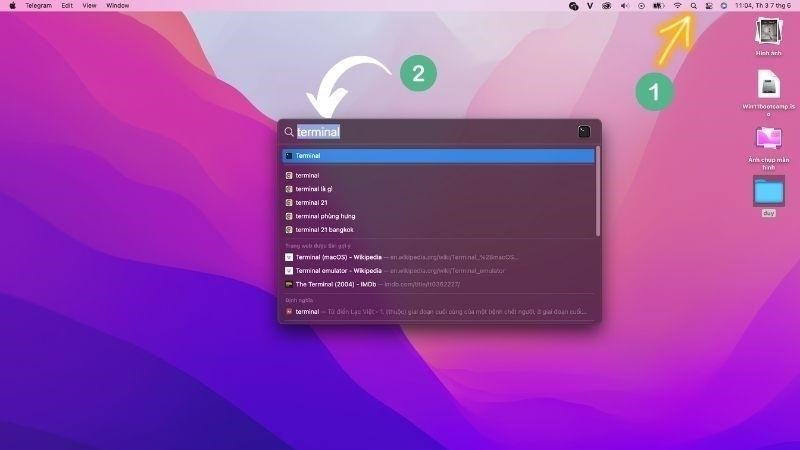 Nhập lệnh Terminal vào biểu tượng kính lúp ở bên phải màn hình