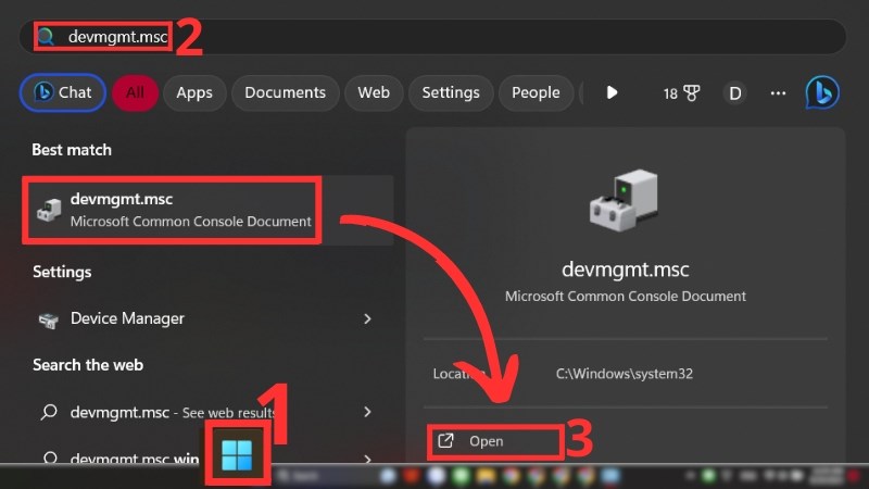 Mở Start Menu, t&igrave;m kiếm devmgmt.msc > Mở Device Manager