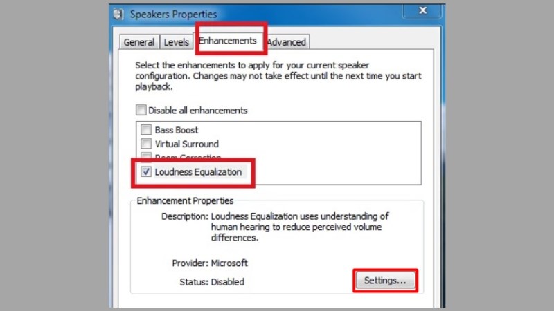 Tiếp tục t&iacute;ch chọn mục Loudness Equalization