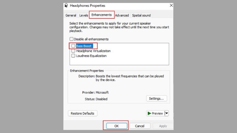 T&iacute;ch chọn Bass Boost để ho&agrave;n th&agrave;nh