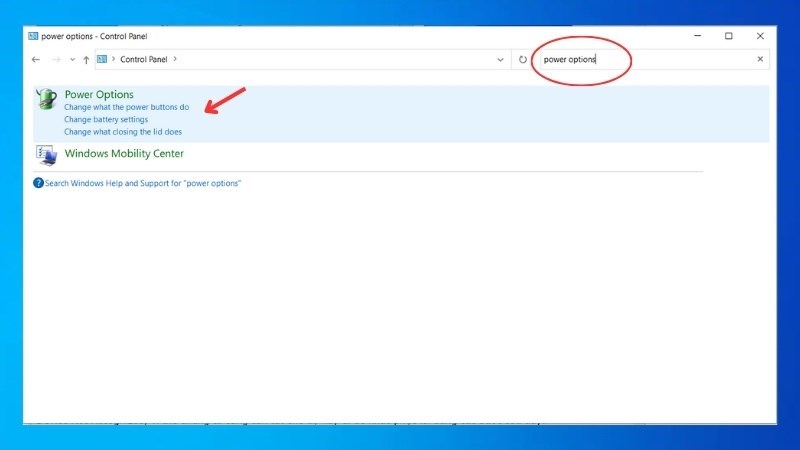 T&igrave;m kiếm v&agrave; mở cửa sổ Power Options