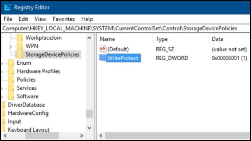Tìm đến nhánn như trên hình và tìm thấy một khóa có tên là WriteProtect