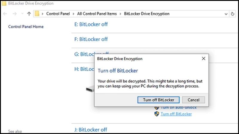 Nhấp vào nút thả xuống và chọn Turn off BitLocker