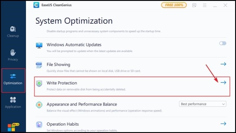 Chạy phần mềm chọn Optimization chọn Write Protection