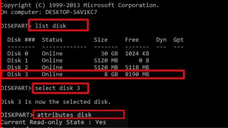 Nhập lệnh Attributes disk clear readonly và nhấn Enter để hoàn thành