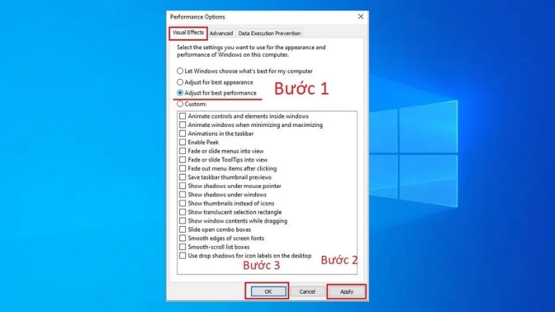 Chọn Adjust for best performance > Apply > Chọn OK