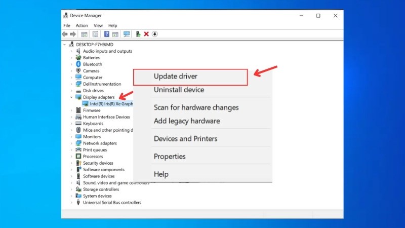 Click chuột phải vào card đồ họa bạn muốn cập nhật > chọn Update Driver 