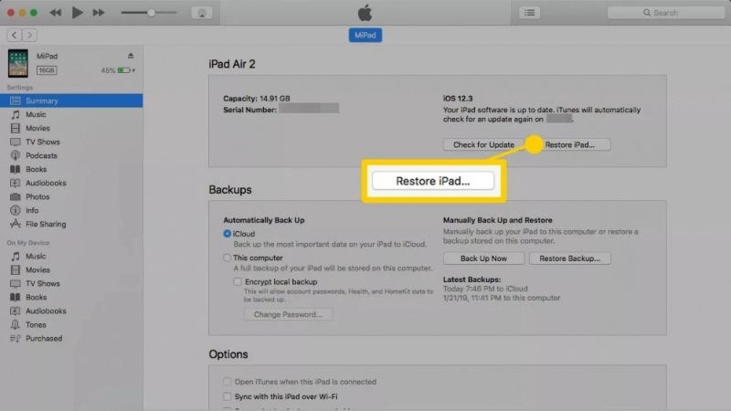Nhấn Restore sau khi kết nối iPad với máy tính