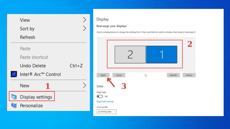 Nhấn chuột trái vào màn hình Desktop > Chọn Display settings 