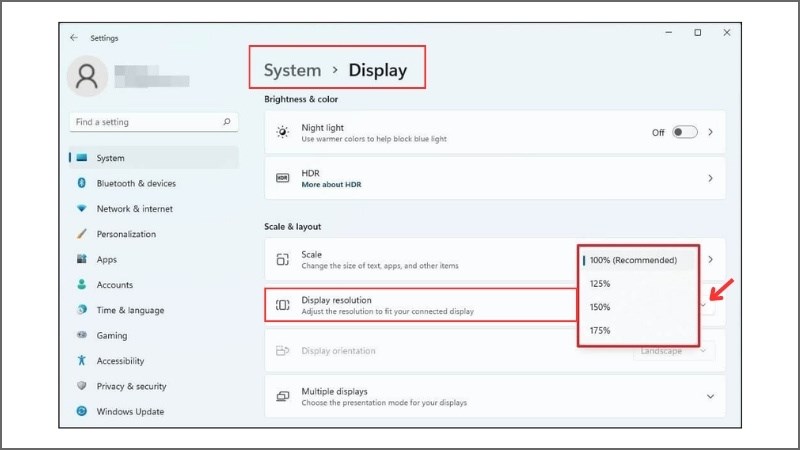 Menu từ Display resolution trong Scale & layout và chọn độ phân giải là xong