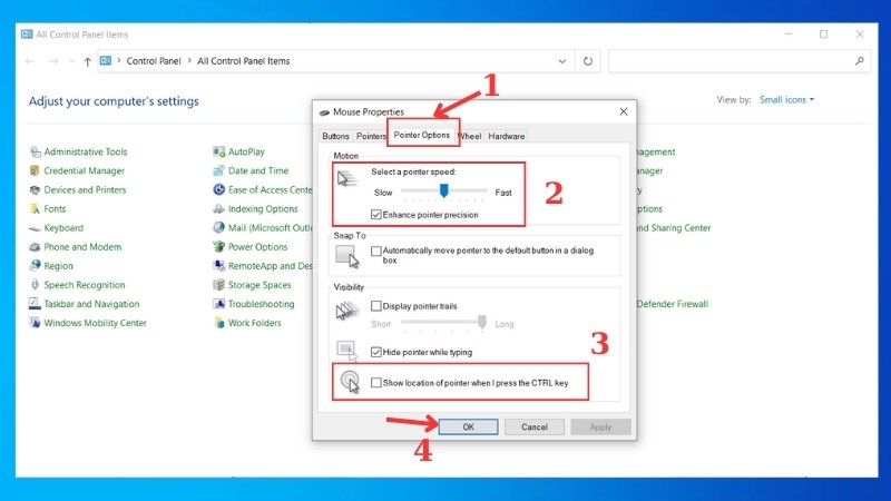 Tick chọn vào mục Show location of pointer when I press CTRL key 