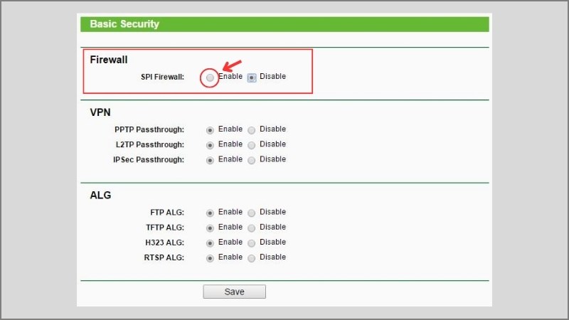 Tại mục SPI Firewall tick chọn Enable để bật bảo mật tường lửa 