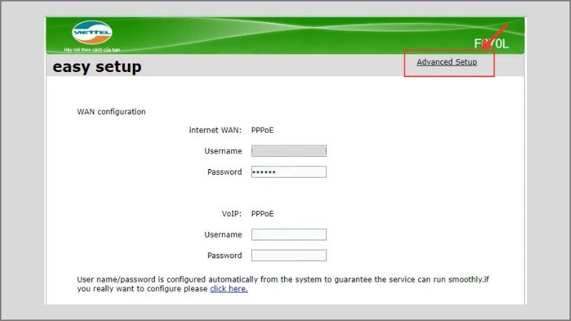 Trước tiên đăng nhập vào trang nhà mạng và chọn Advanced Setup 