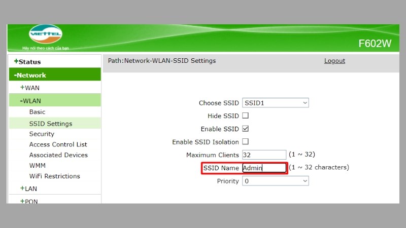 Tiền hành đổi tên SSID Name