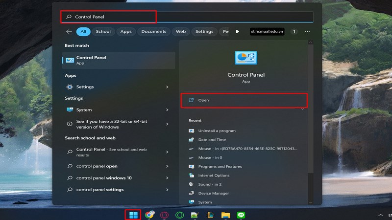 Mở hộp thoại Control Panel