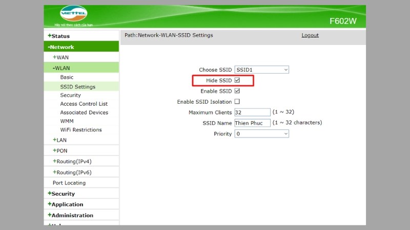 Tích chọn mục Hide SSID