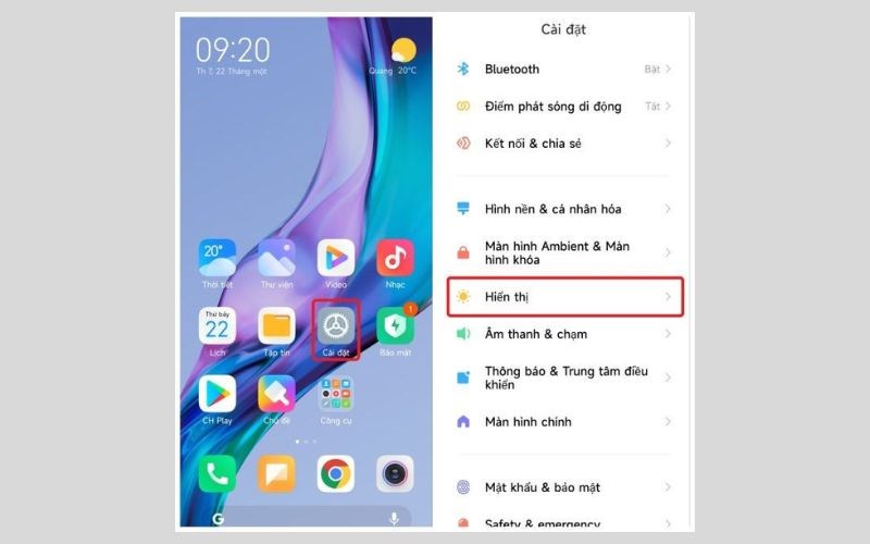 V&agrave;o phần C&agrave;i đặt > Chọn Hiển thị