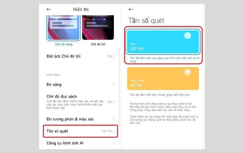 Chọn mục Tần số qu&eacute;t > Chọn tần số qu&eacute;t mong muốn