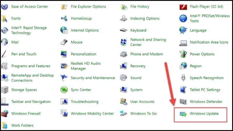 V&agrave;o Control Panel chọn Windows Update