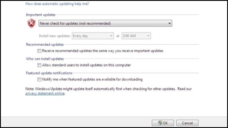 chọn t&ugrave;y chọn Never check for updates (Not Recommended)