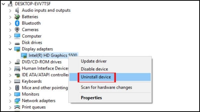 Nhấp v&agrave;o Display Adapters, nhấp v&agrave;o Uninstall