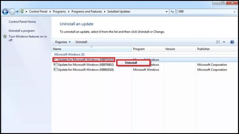 Nhấp chuột phải v&agrave;o bản cập nhật đ&oacute; v&agrave; nhấp v&agrave;o Uninstall