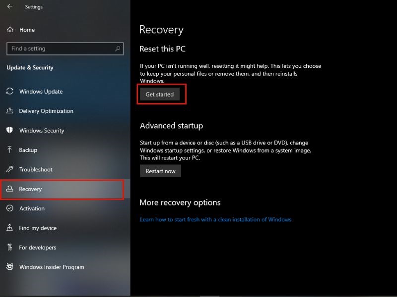 Chọn Recovery > Chọn Get started để bắt đầu c&agrave;i đặt mới