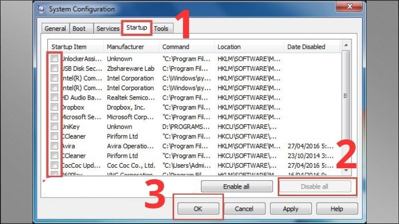 Chọn Startup > Nhấn n&uacute;t Disable all > Nhấn OK 