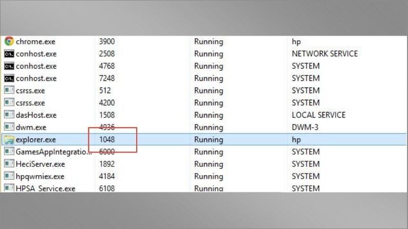 Quan s&aacute;t phần explorer.exe c&oacute; ID của gi&aacute; trị 1048