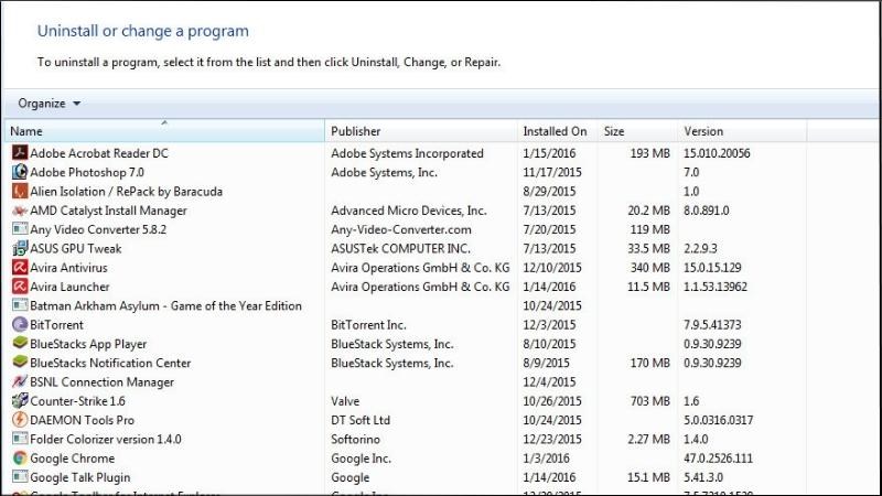 M&agrave;n h&igrave;nh sẽ hiển thị tất cả c&aacute;c chương tr&igrave;nh m&agrave; người d&ugrave;ng đ&atilde; c&agrave;i đặt