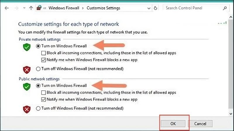 Truy cập v&agrave;o phần Turn Windows Firewall on or off > Chọn OK