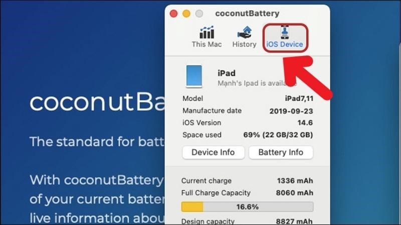 Mở ứng dụng CoconutBattery > Chọn IOS Device