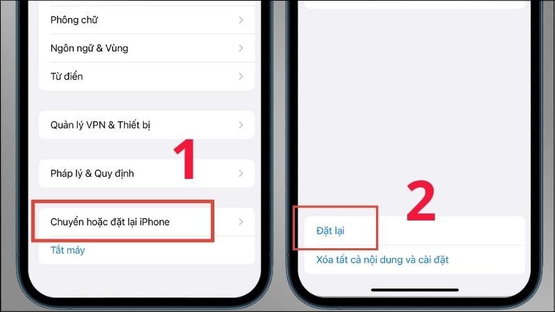 Chọn Chuyển hoặc đặt lại iPhone > Nhấn chọn mục Đặt lại