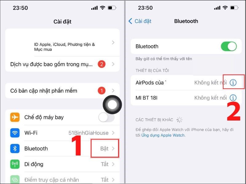 V&agrave;o C&agrave;i đặt > Chọn Bluetooth > Nhấn v&agrave;o biểu tượng chữ i