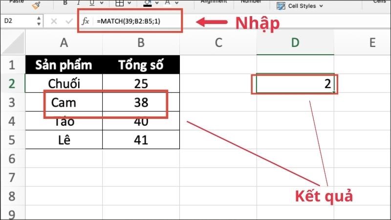 Do không có kết quả khớp chính xác nên sẽ trả về vị trí của giá trị gần thấp nhất (38) 