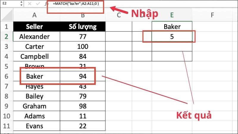 Sử dụng hàm Match với ký tự đại diện (?) sẽ cho ra kết quả là 5