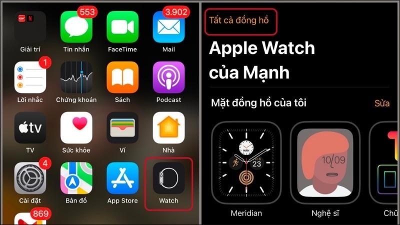 V&agrave;o ứng dụng Watch > Chọn mục Tất cả đồng hồ