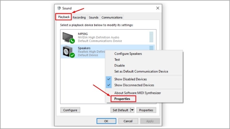 Tại thẻ Playback chọn loa đang hoạt động > Chọn Properties 