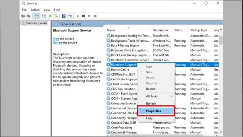Tìm mục Bluetooth Support Service và nhấn chuột phải > Chọn Properties