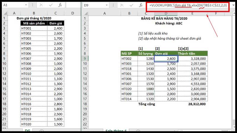 Ví dụ về VLOOKUP nhiều trang tính giữa các cửa sổ làm việc