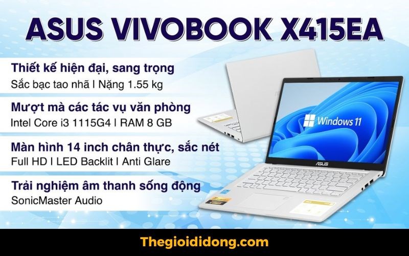 Laptop Asus Vivobook X415EA thiết kế đơn giản, sang trọng