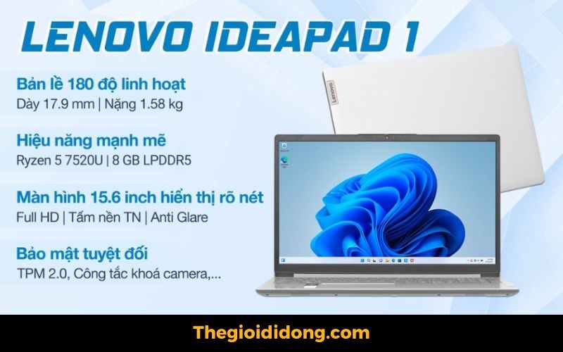 Laptop Lenovo IdeaPad 1 15AMN7 thiết kế tinh tế, hiện đại