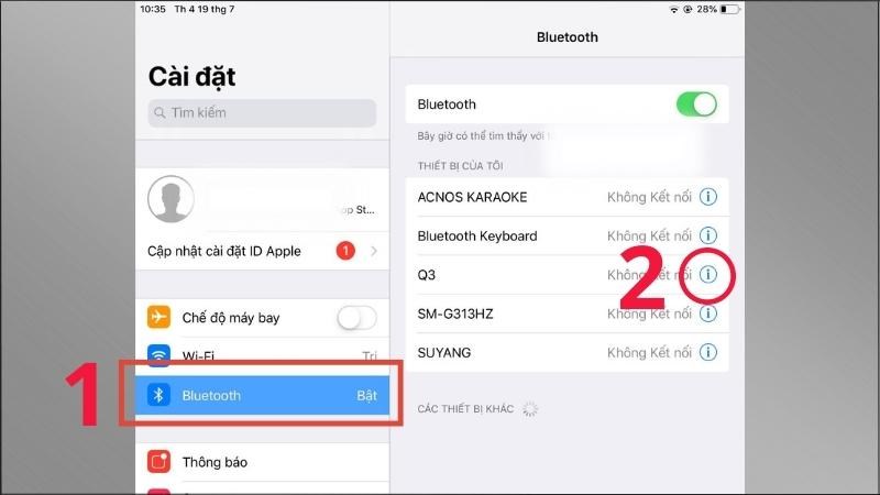 V&agrave;o C&agrave;i đặt > Chọn Bluetooth > Chọn t&ecirc;n thiết bị